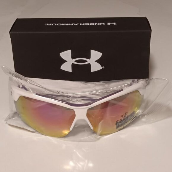 UNDER ARMOUR Sunglasses YARD DUAL Shiny White Frames Purple Mirror Lens NEW - Picture 1 of 9
